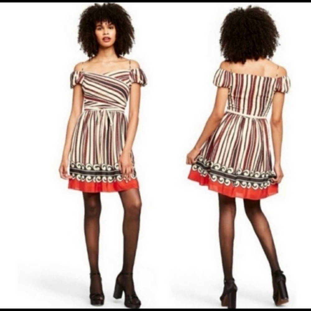 Anna Sui Collab Striped Off Shoulder Silk Mini Medium